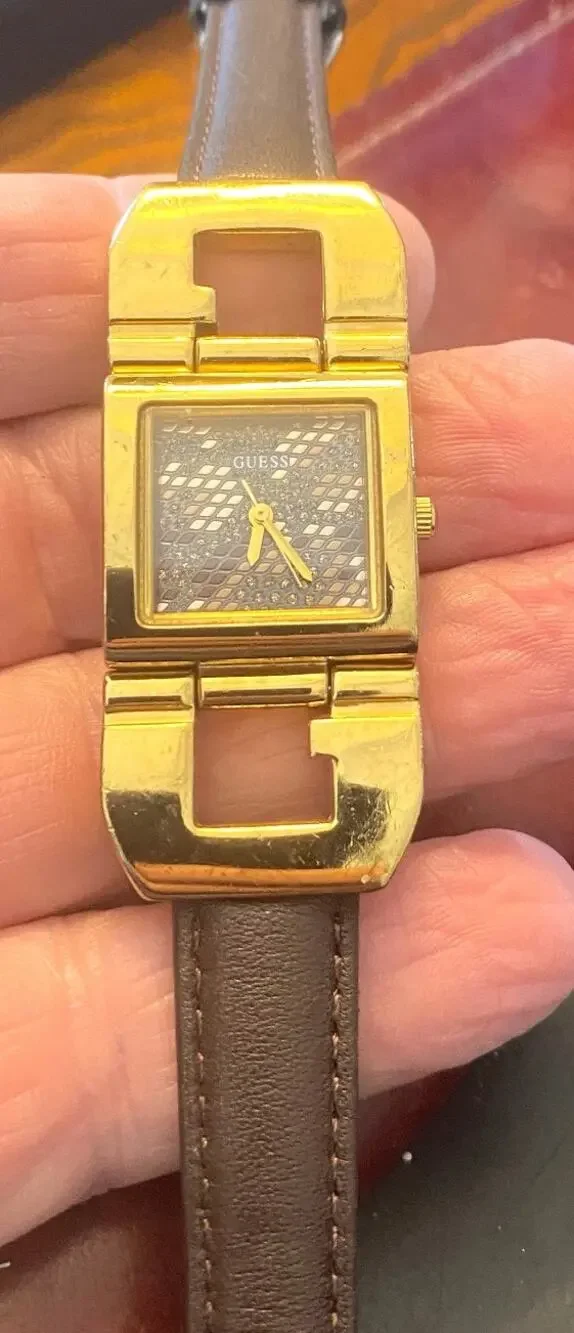 Women's Guess Watch, W0054L2, Gold Tone with Brown Leather Band, Multi Color Met